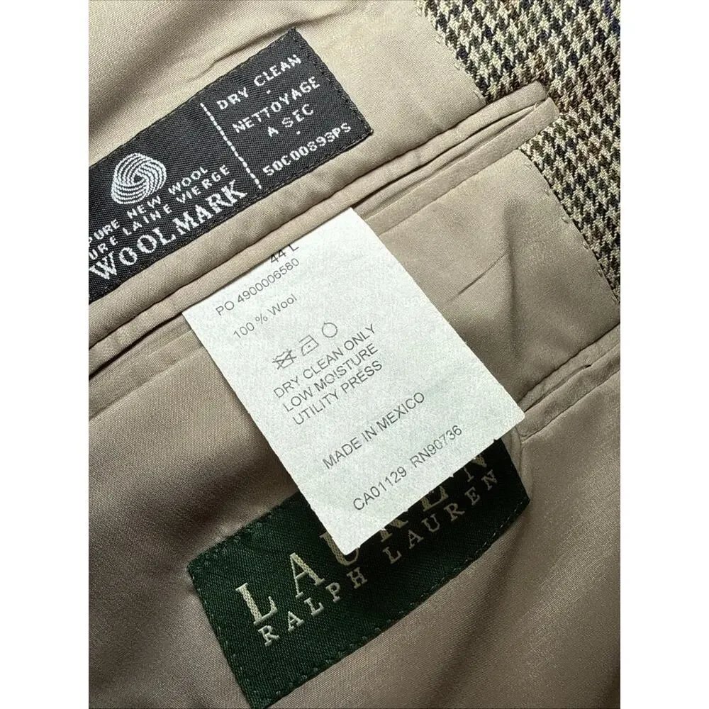 Lauren Ralph Lauren Houndstooth Brown Wool Blazer Jacket Sport Coat Mens 44L EUC